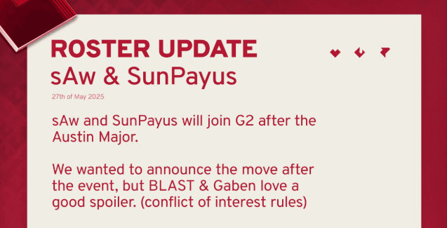 SunPayus and sAw to join G2 after Austin Major